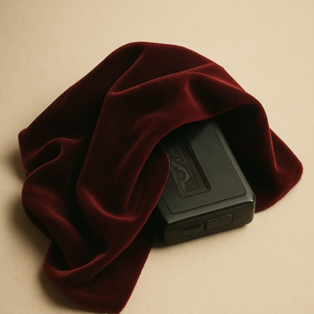 A mystery product peeking out from under a draped velvet cloth, coming soon